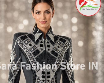 Maßgefertigte Western-Showjacke | Schwarzes Showhemd mit silbernen Strasssteinen, geometrisches Reit-Top