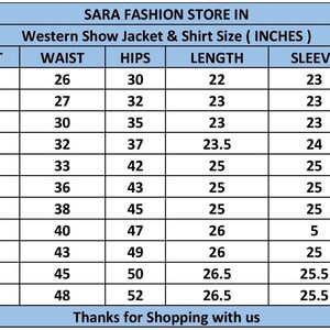 May include: A size chart for Western show jackets and shirts, showing measurements in inches for bust, waist, hips, length, sleeve, and shoulder. Sizes range from XXS to 5XL.