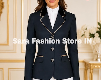 May include: A dark navy blue equestrian blazer featuring a black velvet collar, gold piping along the lapels and pocket flaps, and three metallic buttons down the front. The text Sara Fashion Store IN is visible on the blazer and in the logo.