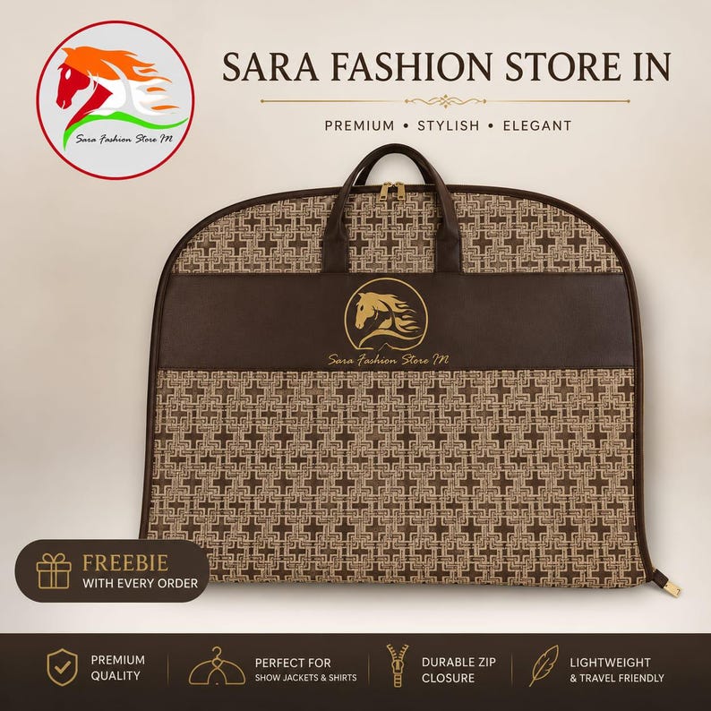 May include: A brown garment bag featuring a repeating geometric pattern and a solid brown horizontal band with a gold horse logo and the text Sara Fashion Store M. The bag has two top handles, a zipper closure, and a circular logo in the corner.