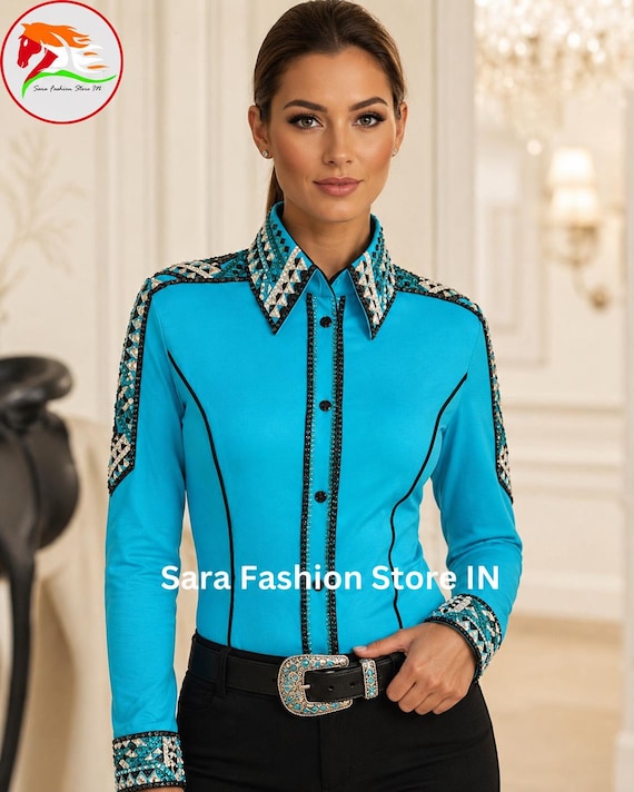 Turquoise Western Show Shirt, Rhinestone Equestrian Show Top, Turquoise Horsemanship Shirt, Women Western Riding Apparel, SS-21