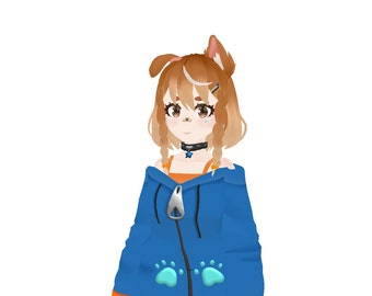 May include: A digital illustration of a person with brown hair and dog ears, wearing a blue hoodie with paw prints. The person has a black collar with a star pendant and an orange shirt underneath.