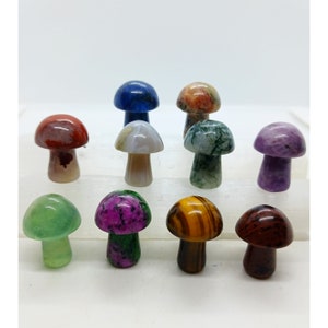 May include: A collection of ten small, polished gemstone mushroom figurines. The mushrooms are made of various types of stones, including red, green, purple, blue, and brown.