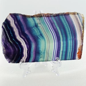 Large fluorite crystal slab natural purple fluorite polished slab with stand Banded rainbow fluorite stone transperant fluorite Crystal