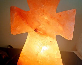 Large Himalayan salt lamp cross carving 8 lbs orange cross lamp natural salt crystal lamp light up night light pink salt stone crystal lamp