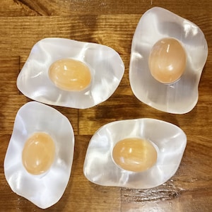 Selenite egg carving - natural Selenite crystal charging plate - polished Orange Selenite