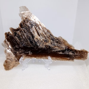 Large gold Muscovite mica with stand - Natural gold mica specimen large raw Muscovite mica crystal slab yellow mica display piece mica plate