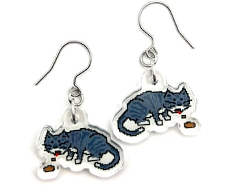 Acrylic Cat Puking Earrings, Jewelry for Cat Lovers, Surgical Steel Hooks, Unique & Quirky Accessory, Gift for Cat Lover, Cat Dangle Earring