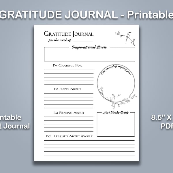 GRATITUDE JOURNAL Printable - Self Care - Count Your Blessings - High Quality PDF 8.5x11 - Bullet Journal - Catholic Christian Worksheet