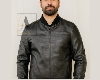 Crocodile Embossed Lambskin Leather Bomber Jacket