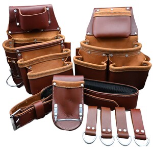 Werkzeugtasche aus Leder mit 9 Taschen, Werkzeugtasche mit Gürtel, strapazierfähig, für Schreiner, Elektriker und Bauarbeiter