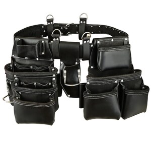 May include: A black leather tool belt with multiple pockets and pouches, featuring white stitching and silver-tone metal rivets and D-rings. The belt has a buckle closure and is designed for carrying tools.