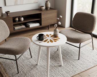丸型コーヒーテーブル（木製）｜小型コーヒーテーブル｜白と金の花柄象嵌が施されたモダンな木製アクセントテーブル｜ユニークなローテーブル
