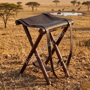 May include: A brown leather and wood folding stool with a carrying strap. The stool has a dark brown leather seat and a dark wood frame. The background shows a savanna landscape with trees and animals.