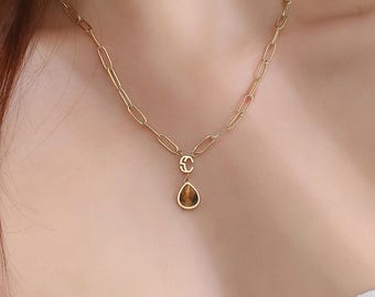 14K Gold Plated Tiger Eye Necklace: Hypoallergenic Gemstone Pendant