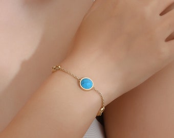 Turquoise Gold Plated Bracelet for Women, 14K Gold Turquoise Jewelry, Blue Gemstone Heart Bracelet Gift for Her, Waterproof, Hypoallergenic