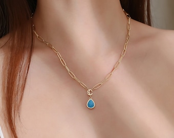 14K Gold Plated Turquoise Charm Necklace for Women, Blue Drop Birthstone paperclip Necklace, Gift for Her, Waterproof and hypoallergenic