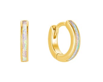 Dainty Opal Huggie Hoop Earrings, minimalist earrings,18K Gold on Sterling Silver