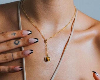14K Gold Plated Tiger Eye Y Lariat Necklace: Hypoallergenic Brown Birthstone