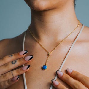 Lapis Lazuli Lariat Necklace: 14K Gold Plated Gemstone, Hypoallergenic