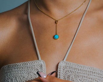 14k Gold Plated Turquoise Lariat Necklace: Chakra Healing Crystal