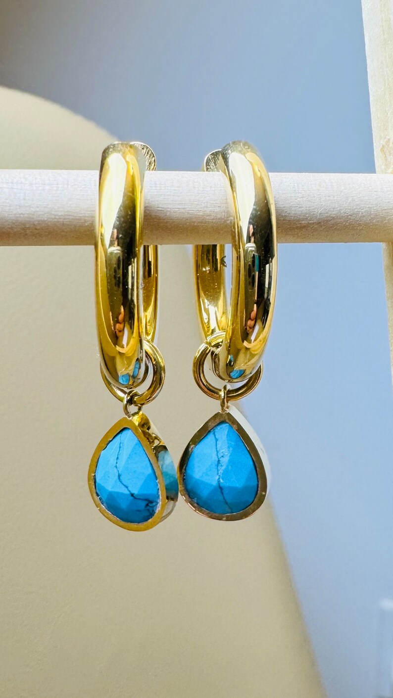 Turquoise Gold Plated Hoop Earrings for Women, Blue Gemstone Charm ...