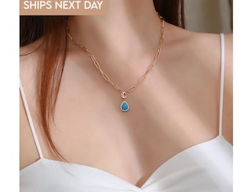 Drop Turquoise Necklace,14K Gold Waterproof Jewelry, Gift for Her
