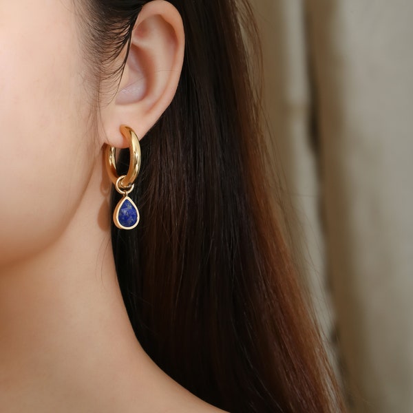 Lapis Lazuli Gold Hoop Earrings for Women, Stone Hoop Earring, Gemstone Drop 14K Gold Jewelry, Gift for Her, Waterproof & Hypoallergenic