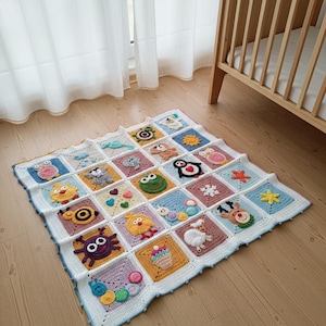 Handgemachte gehäkelte Babydecke, Sensorische Tierapplikationen, Patchwork-Kinderzimmerdekor