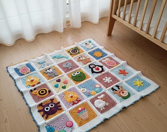 Handmade Crochet Baby Blanket, Sensory Animal Appliques, Patchwork Nursery Decor