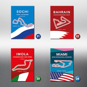 May include: Four colorful square cards with race track layouts and country flags. Each card features the name of a racetrack, the city and country it is located in, and the year it was established. The cards are numbered 21, 22, 23, and 24.