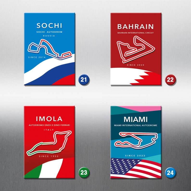 May include: Four colorful square cards with race track layouts and country flags. Each card features the name of a racetrack, the city and country it is located in, and the year it was established. The cards are numbered 21, 22, 23, and 24.