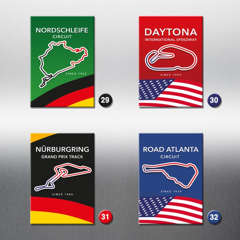 May include: Four colorful magnets featuring famous race tracks. Each magnet has a black and white outline of the track, a red, white, and blue American flag, and the name of the track. The magnets are numbered 29, 30, 31, and 32.