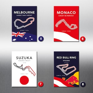May include: Four colorful posters with track maps of famous Formula 1 race tracks. The posters are blue and white, red and white, white and red, and blue and red. Each poster features the name of the track, the location, and the year it was first used in Formula 1. The posters are numbered 5, 6, 7, and 8.