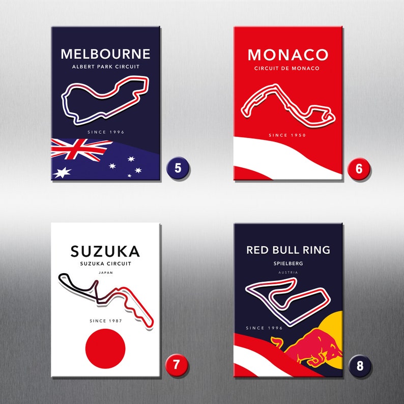 May include: Four colorful posters with track maps of famous Formula 1 race tracks. The posters are blue and white, red and white, white and red, and blue and red. Each poster features the name of the track, the location, and the year it was first used in Formula 1. The posters are numbered 5, 6, 7, and 8.