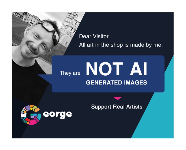 Puede incluir: Gr&aacute;fico promocional con una persona sonriente frente a la Torre de Pisa. El texto dice: "Estimado visitante, todo el arte de la tienda est&aacute; hecho por m&iacute;. NO IM&Aacute;GENES GENERADAS POR IA. Apoya a los artistas reales."