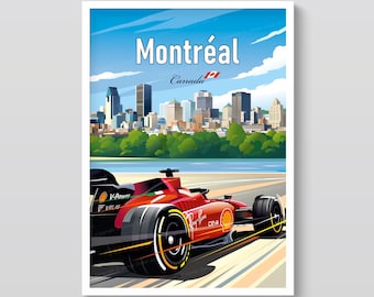 May include: A vibrant poster featuring a red Formula 1 race car speeding on a track, with the Montreal skyline in the background. The poster includes the text "Montréal Canada" and a Canadian flag. The car has sponsor logos.