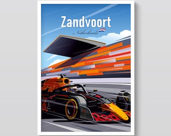 May include: Poster featuring a Formula 1 race car speeding on a track. The poster has the text "Zandvoort Netherlands" with a Dutch flag. The car is black and red with orange and yellow accents, set against a blue sky.