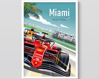 Puede incluir: Un póster de estilo vintage que representa una carrera de Fórmula 1 en Miami. La imagen muestra dos coches de carreras, uno rojo y otro naranja, compitiendo en una pista. El póster incluye el texto "Miami United States" con una palmera y un estadio estilizado.