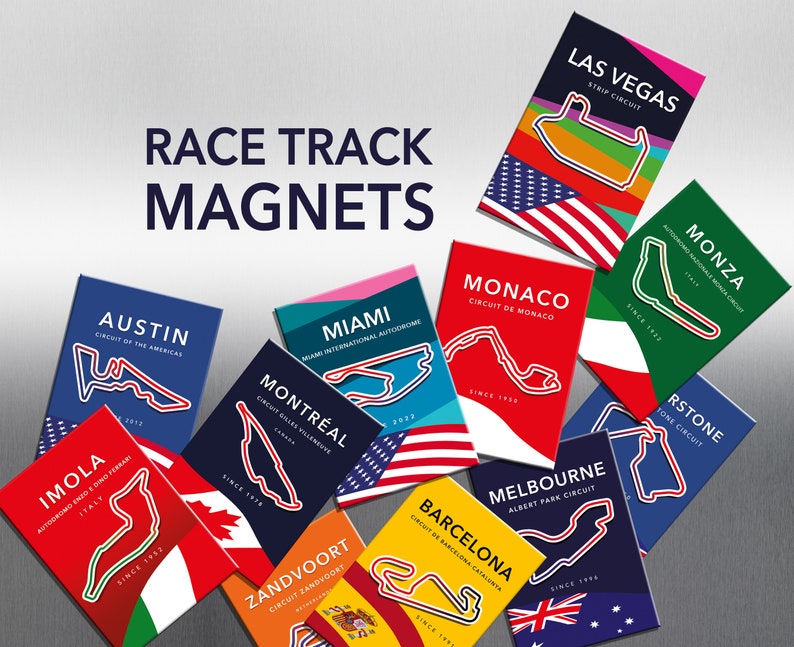 May include: A set of ten colorful race track magnets featuring different race tracks from around the world. Each magnet includes the name of the track, the location, and the year it was established. The magnets are perfect for any racing fan.