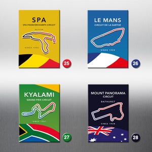 May include: Four colorful square magnets with track maps and flags representing different countries. The magnets feature the names "Spa", "Le Mans", "Kyalami", and "Mount Panorama".