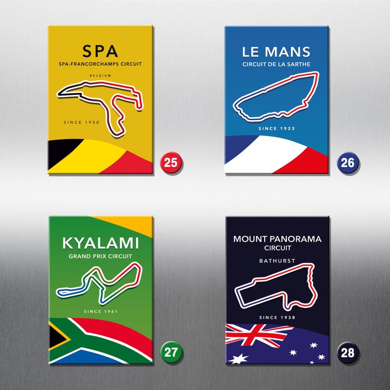 May include: Four colorful square magnets with track maps and flags representing different countries. The magnets feature the names "Spa", "Le Mans", "Kyalami", and "Mount Panorama".