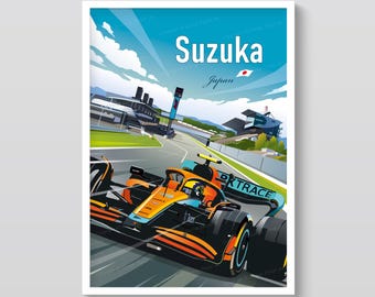 May include: A vibrant poster featuring a Formula 1 race car speeding around the Suzuka International Racing Course in Japan. The poster has a blue sky with white clouds and the word "Suzuka" in large white letters.