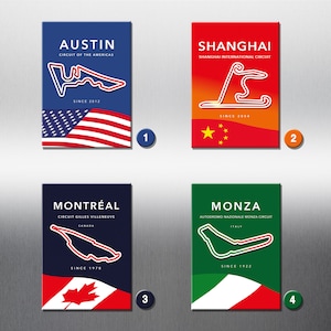 May include: Four colorful square cards with the names of famous race tracks: Austin, Shanghai, Montr&eacute;al, and Monza. Each card features a stylized map of the track, the track's name, location, and the year it was established.
