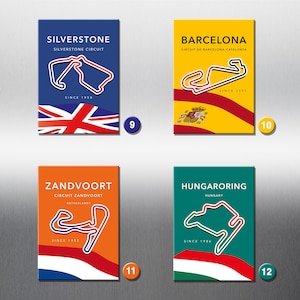 May include: Four colorful square cards with track maps and flags of different countries. Each card features a different racetrack: Silverstone, Barcelona, Zandvoort, and Hungaroring. The cards also include the name of the racetrack, the country, and the year it was established.