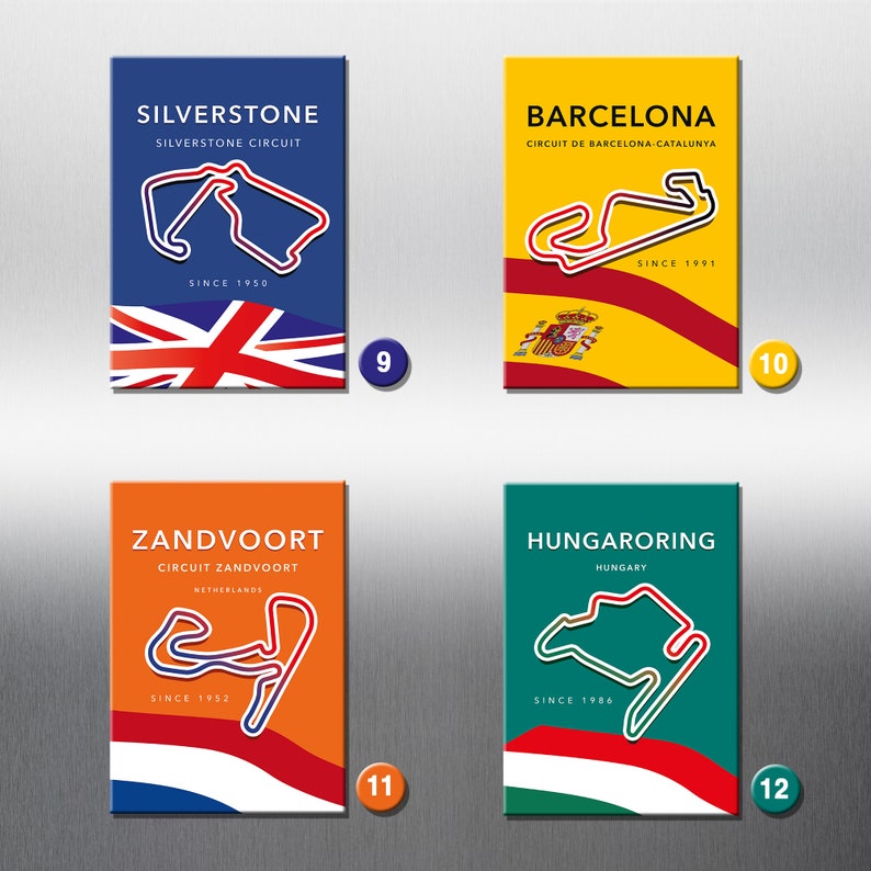 May include: Four colorful square cards with track maps and flags of different countries. Each card features a different racetrack: Silverstone, Barcelona, Zandvoort, and Hungaroring. The cards also include the name of the racetrack, the country, and the year it was established.