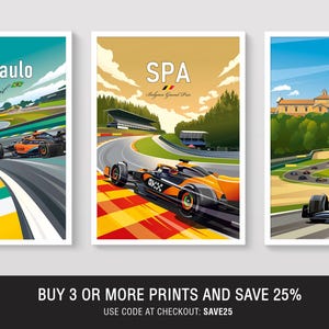 Puede incluir: Tres p&oacute;steres verticales con coches de carreras de F&oacute;rmula 1 en circuitos. El izquierdo muestra Sao Paulo, el central el Gran Premio de B&eacute;lgica en SPA y el derecho un circuito con un edificio. El texto dice BUY 3 OR MORE PRINTS AND SAVE 25%.