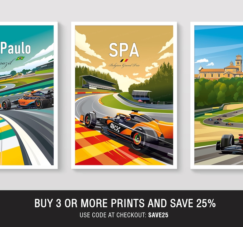 Puede incluir: Tres p&oacute;steres verticales con coches de carreras de F&oacute;rmula 1 en circuitos. El izquierdo muestra Sao Paulo, el central el Gran Premio de B&eacute;lgica en SPA y el derecho un circuito con un edificio. El texto dice BUY 3 OR MORE PRINTS AND SAVE 25%.