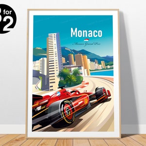 Póster del Gran Premio de Mónaco / Charles Leclerc / Arte mural de Ferrari / Impresión de coche de carreras / Regalo para fans de Ferrari