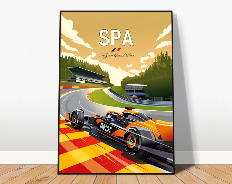 Puede incluir: Un p&oacute;ster enmarcado que representa un coche de carreras de F&oacute;rmula 1 en una pista. El p&oacute;ster tiene la palabra "SPA" en la parte superior, con "Belgian Grand Prix" debajo. El coche es naranja y negro, con un dise&ntilde;o de bandera a cuadros.